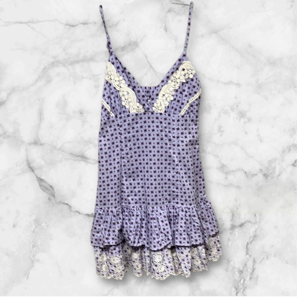 Purple floral Lace Trimmed ruffle skirt spaghetti strap dress size large